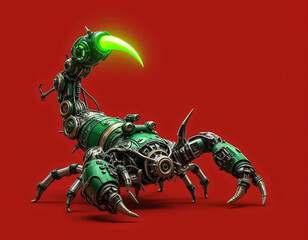 A badass steampunk-style robotic scorpion with a kickass green glowing tail stinger