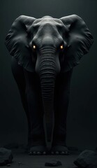 Fototapeta premium black elephant looks at the camera from complete darkness, his eyes slightly illuminated. intense jet black background