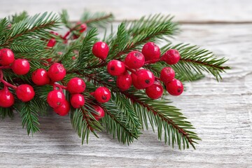 Festive red berries with green pine needles.