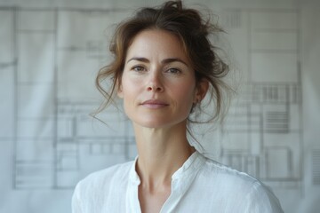 A woman with light brown hair, wearing a white shirt, looks directly at the camera with a neutral expression.