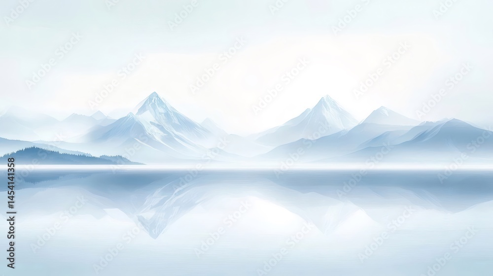 Poster 水面に映る山々の風景 霧と青が織りなす幻想的なパノラマ 光と影が作り出す静寂な世界
