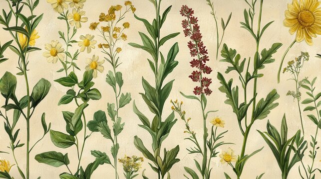 Hand-drawn botanical illustration featuring various wildflowers and green foliage on a beige background.