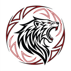 Tribal Roaring Lion Head Tattoo Design with Circular Pattern and Blue Accents.