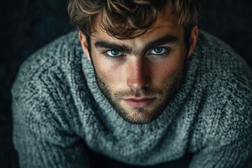 Close-up portrait of a handsome man with intense blue eyes, wearing a gray sweater.