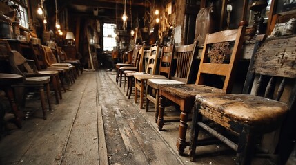 Vintage wooden chairs in a rustic shop