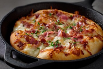 Freshly baked pizza in a skillet with ham and herbs.