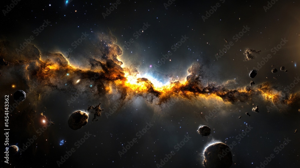 Poster deep space view of glowing gases, nebula formations, and galaxies extending into infinity