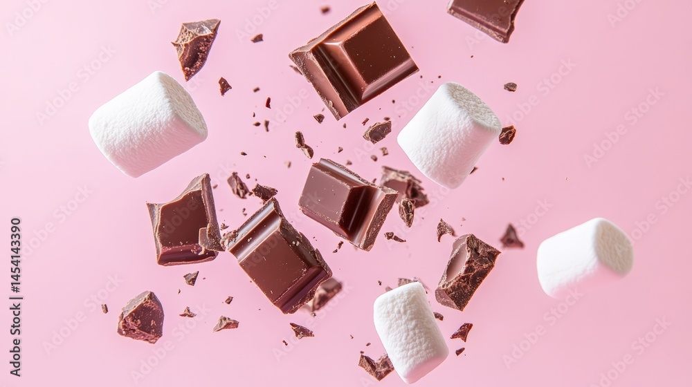 Poster Sweet marshmallows and chocolate chunks of different sizes are levitating on a vibrant pink background, creating a playful and tempting scene for confectionery lovers