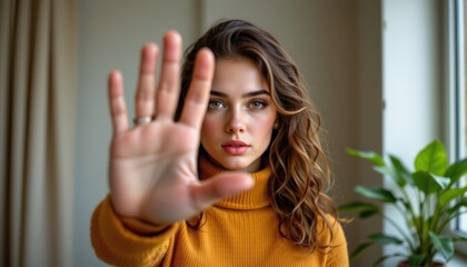 Gesture of rejection by young woman in cozy indoor setting portrait photography natural light emotional expression
