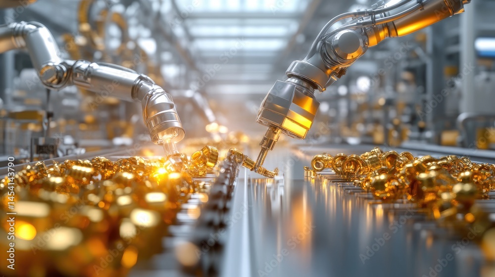Poster Detailed view of a robotic production line processing shiny metal parts in an organized layout