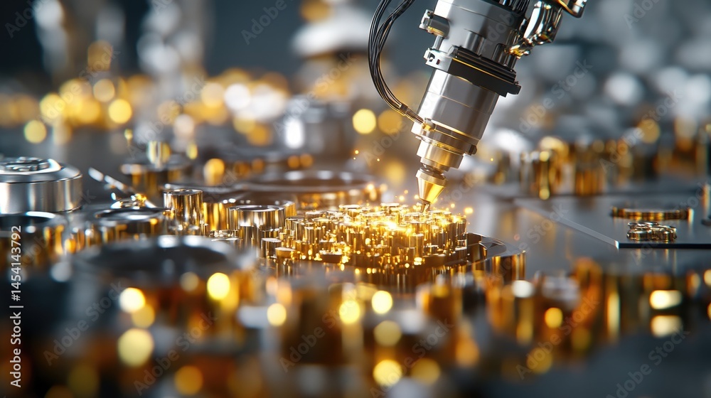 Poster detailed view of a robotic production line processing shiny metal parts in an organized layout