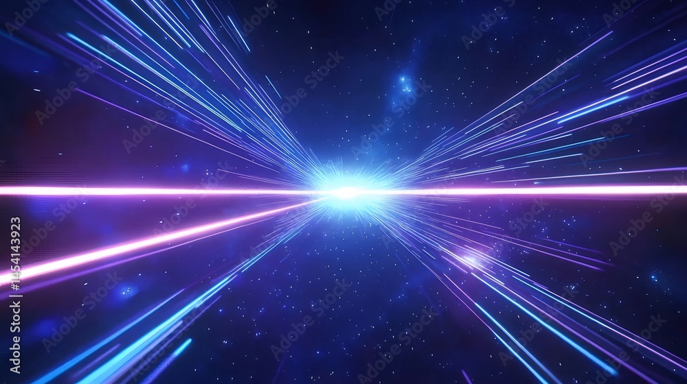 Aufkleber 青と紫の輝く光の線が宇宙空間に広がるデジタル技術的抽象的背景