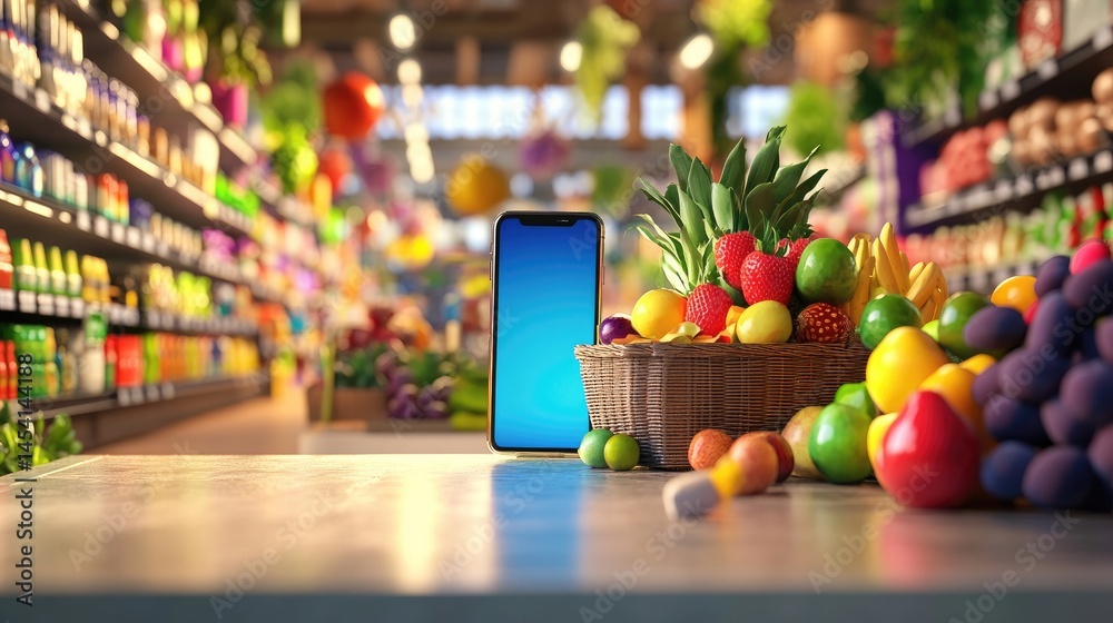 Aufkleber digital shopping scene with phone on checkout counter in grocery aisle