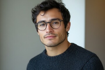 Obraz premium A young man with dark hair and glasses, wearing a dark sweater, looks directly at the camera with a neutral expression.