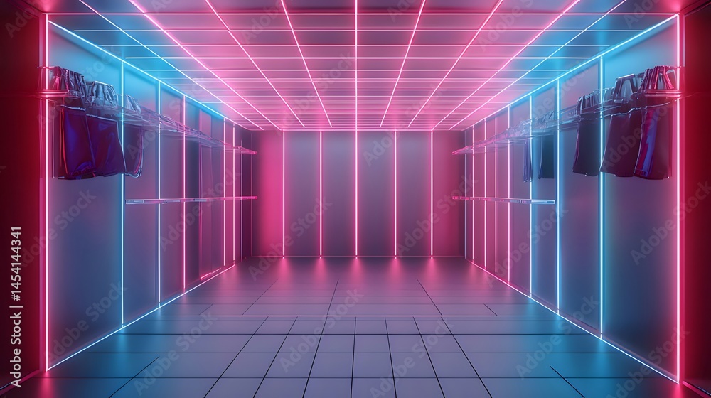 Aufkleber サイバーパンクデザイン ネオンライトが輝くモダンな空間 青とピンクの光が作り出す未来的な雰囲気
