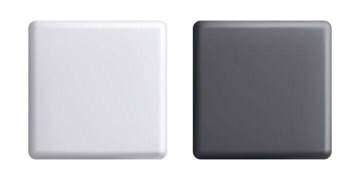 Square 3D push button mockup of white and black color isolated on white. Monochrome plastic key or badge pin or fridge magnet in realistic style. Empty vector template for branding or icon design.