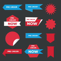 Collection of Pre-Order Badges and Labels in Red and Blue.
