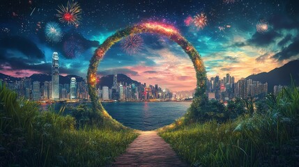 Hong Kong skyline with fireworks and dual-path portal to starry cityscape, dynamic futuristic landscape composition