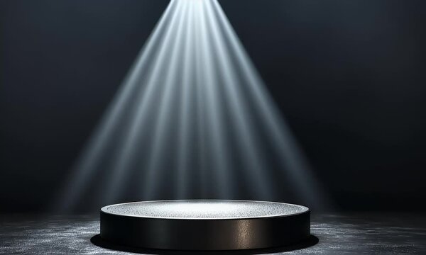  A spotlight shines on the round stage, with no people present. The background is dark gray, and there is nothing else around it