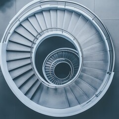 Fototapeta premium Industrial spiral staircase top-down view with gray metal steps and white steel railing, circular architectural pattern on concrete floor