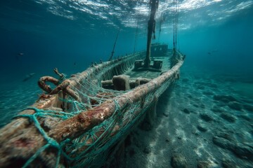 Naklejka premium Underwater Shipwreck Remains Resting on Sandy Ocean Floor, Natural Light Filtering Through the Surface Waters Creates an Eerie Atmosphere