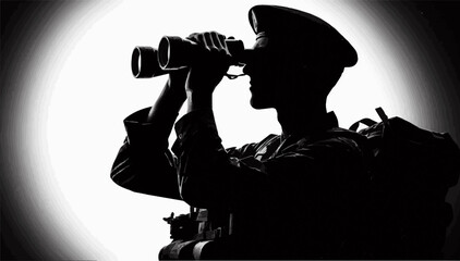 A black and white silhouette of a soldier looking through binoculars. An equipped military man. Vector graphics. EPS.