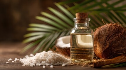 Coconut oil in a small glass bottle, with coconut and sea salt on a palm leaf background