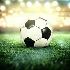 Fototapeta premium Soccer ball on green grass in front of goal with illuminated stadium background, dynamic sports illustration