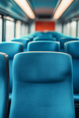 Blue train seats in a modern interior, creating a sleek and clean travel atmosphere.