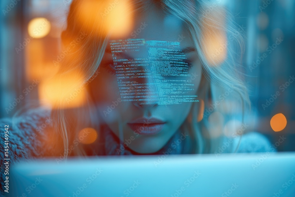Poster A woman programmer focuses intently on lines of code displayed on her laptop screen, illuminated by a soft glow.