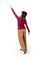 Standing woman, seen from behind against a white background, indicates something with her raised arm