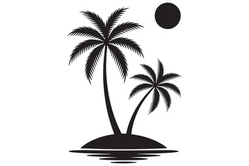 Tropical island paradise silhouette with palm tree and Sun
