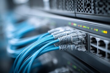 Close-up of blue network cables and switch in data center. High-speed internet technology concept with organized cable management and professional infrastructure.