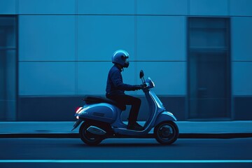A person wearing a helmet rides a blue scooter down a street at night.