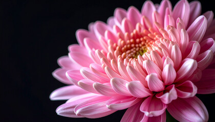 Obraz premium Floral Elegance: A delicate close-up of a radiant chrysanthemum, its soft petals unfold in a mesmerizing display, bathed in soft lighting, and set against a dramatic dark backdrop.