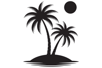Tropical island paradise silhouette with palm tree and Sun
