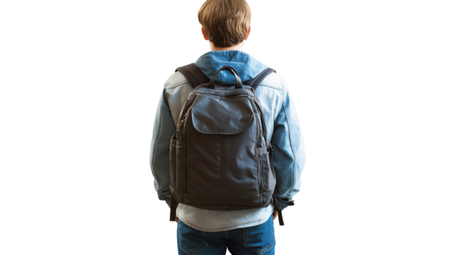 Teenager with backpack, school or travel vibe, standing, back view, PNG format