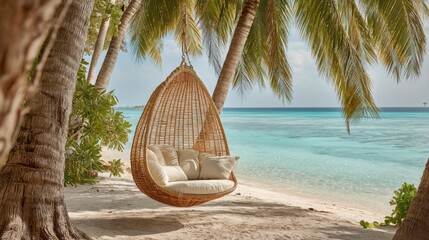Tranquil beach scene with hanging rattan chair under palm trees