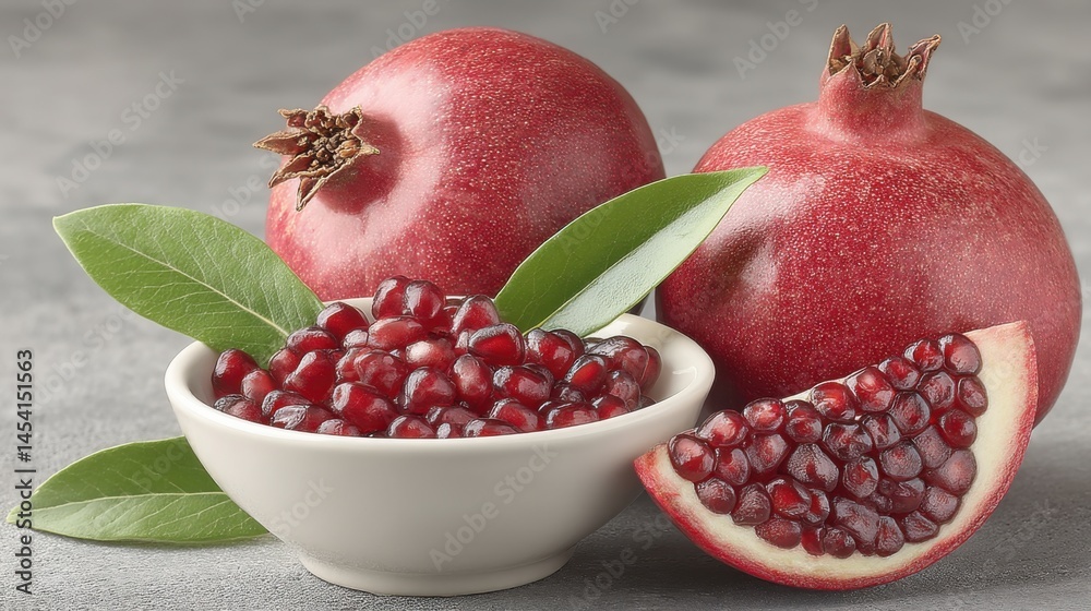 Poster fresh pomegranates with vibrant red seeds in a bowl and a slice on a gray background