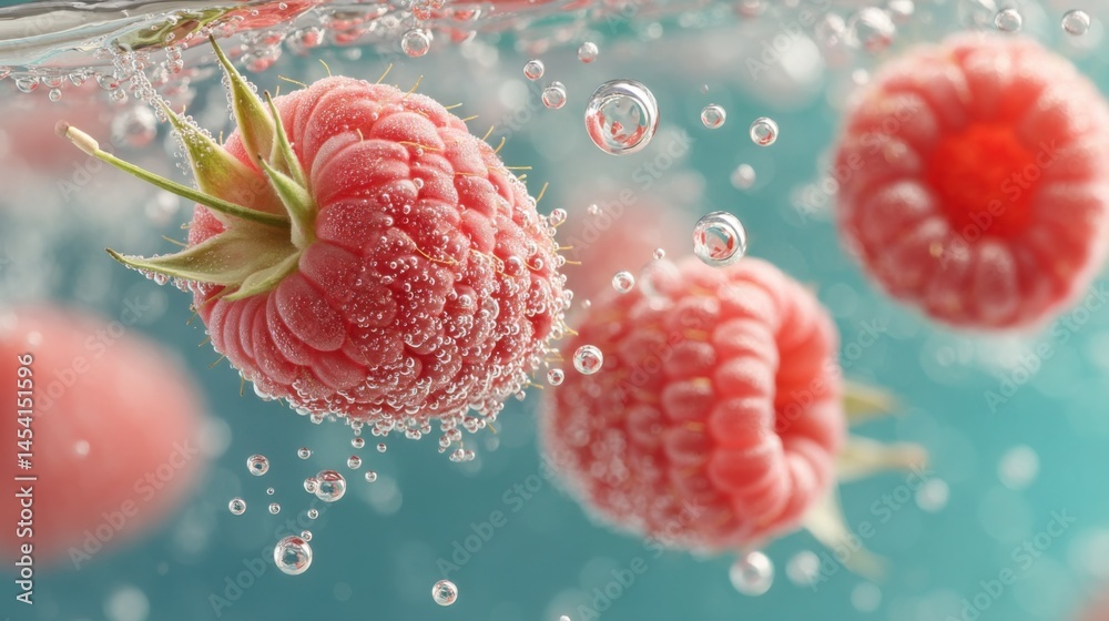 Poster fresh raspberries submerged in water with bubbles creating a refreshing look.