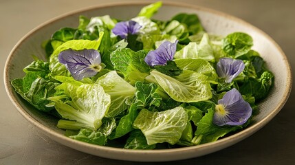 Fresh green salad with edible purple flowers served in a bowl.