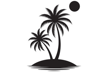 Tropical island paradise silhouette with palm tree and Sun
