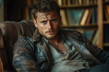 A rugged man with a weathered leather jacket sits in a chair, showcasing a determined expression.