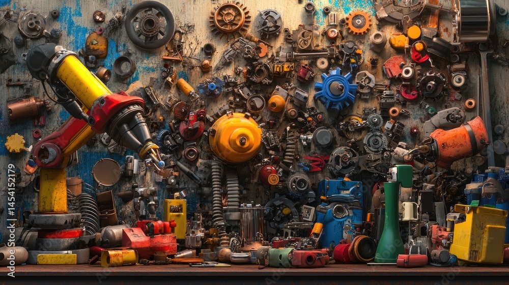 Poster industrial automation system with robotic arms working under cool lighting on a metal assembly line