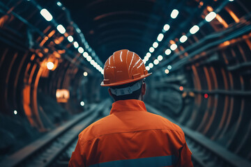 Engineer inspecting underground subway tunnel at night