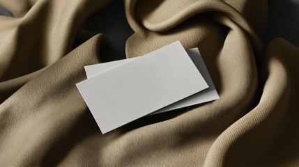 Fototapeta premium Mockup of two business cards placed on textured fabric with natural lighting and soft shadows
