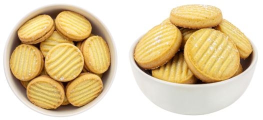 Two bowls of classic shortbread cookies with sugar topping, isolated on a transparent background