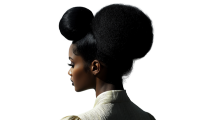 Young woman with bold hairstyle, dramatic shadow on white, back view, hyper-detailed 