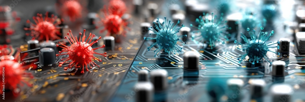 Aufkleber Cyber Attack Depicted With Red and Blue Virus Particles on a Circuit Board Designed to Illustrate Digital Threats and Vulnerabilities Generative AI