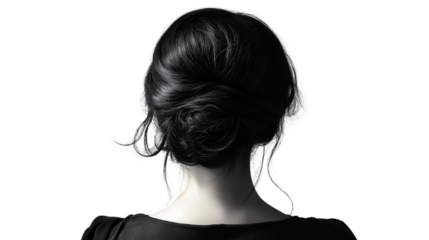 Young woman with bold hairstyle, dramatic shadow on white, back view, hyper-detailed 